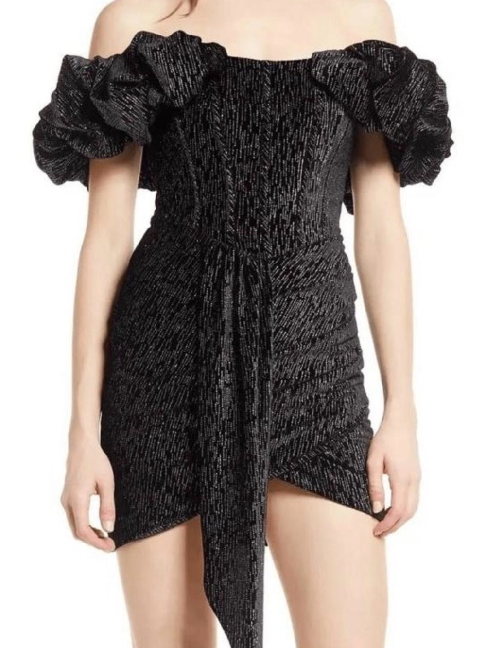 Lavish Alice Black Off-Shoulder Velvet Ruffled Mini Dress
